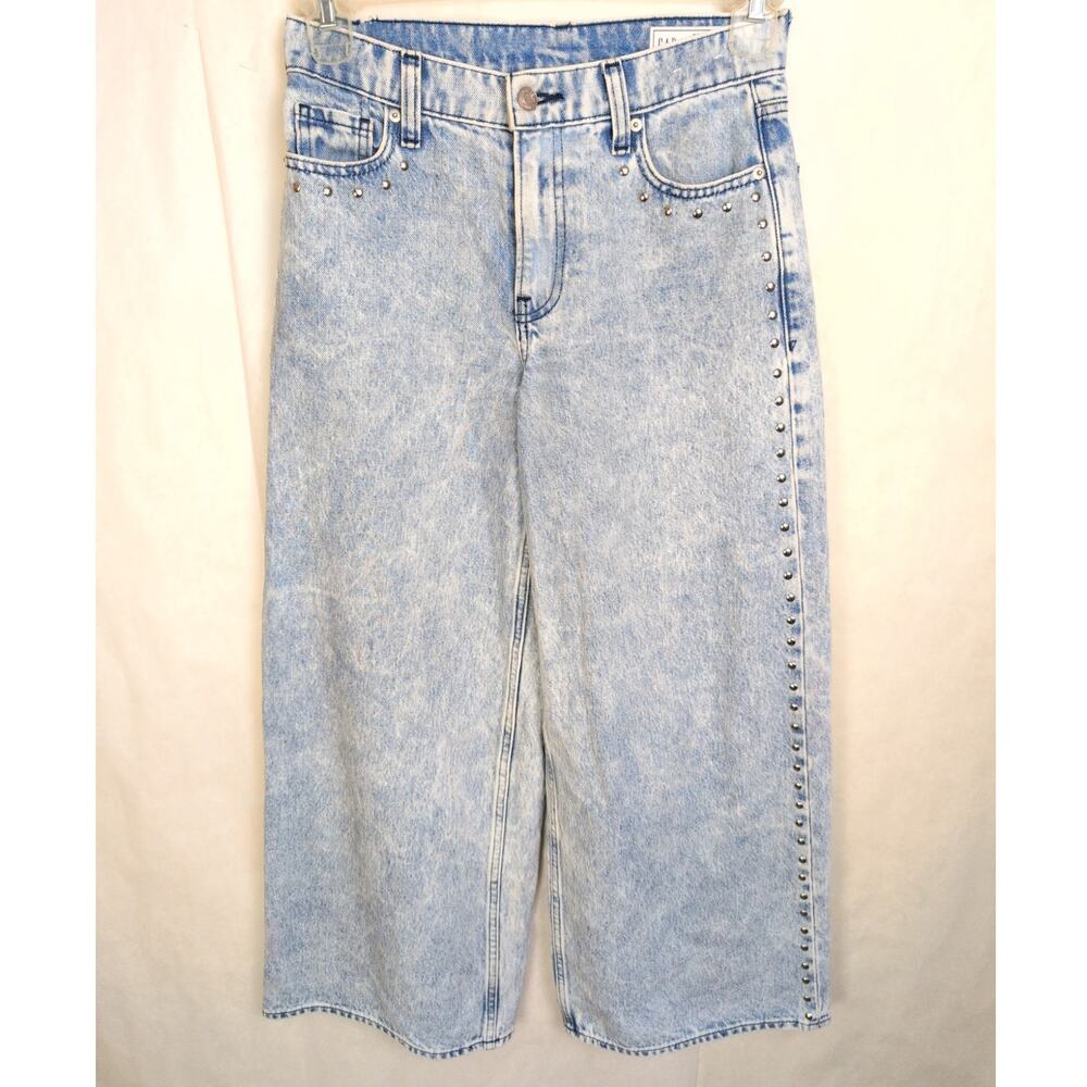 New Gap Baggy Mid Rise Wide Leg Studded blue jeans Size 25 Petite Retro 90s